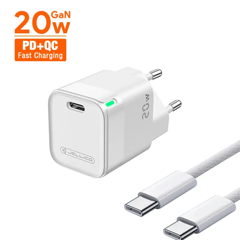 20W PD USB-C Wall Charger with Cable, EU/US/UK Plug, Fast Charging for iPhone 15/14/13