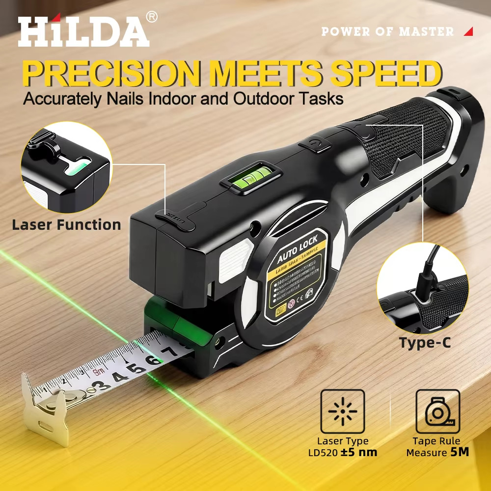 HILDA 2-in-1 Laser Distance Meter & Steel Tape Measure, Infrared Rangefinder with Cross Line, USB Rechargeable